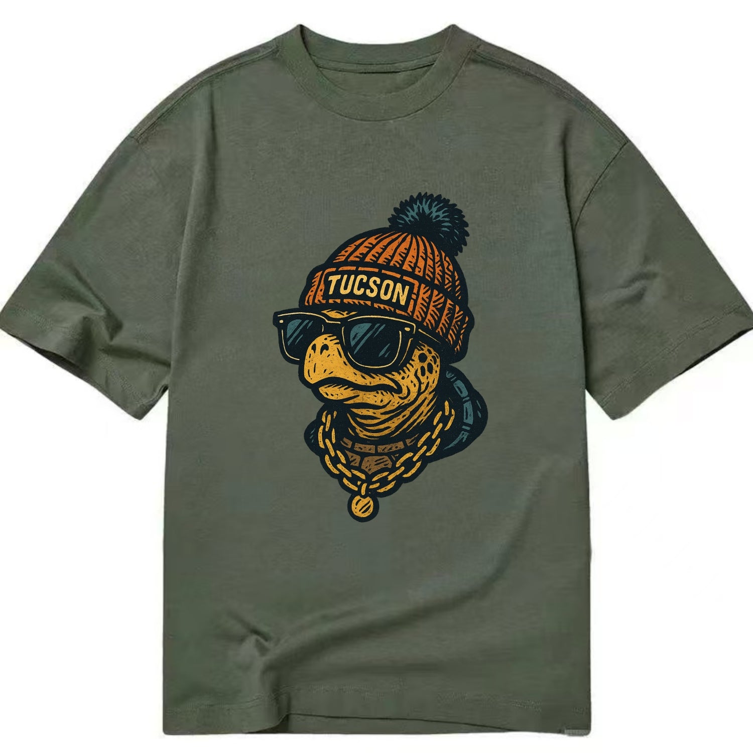 Tucson Desert Tortoise wearing Tucson beanie with pom pom and wayfarer sunglasses - Classic T-shirt - Army Green