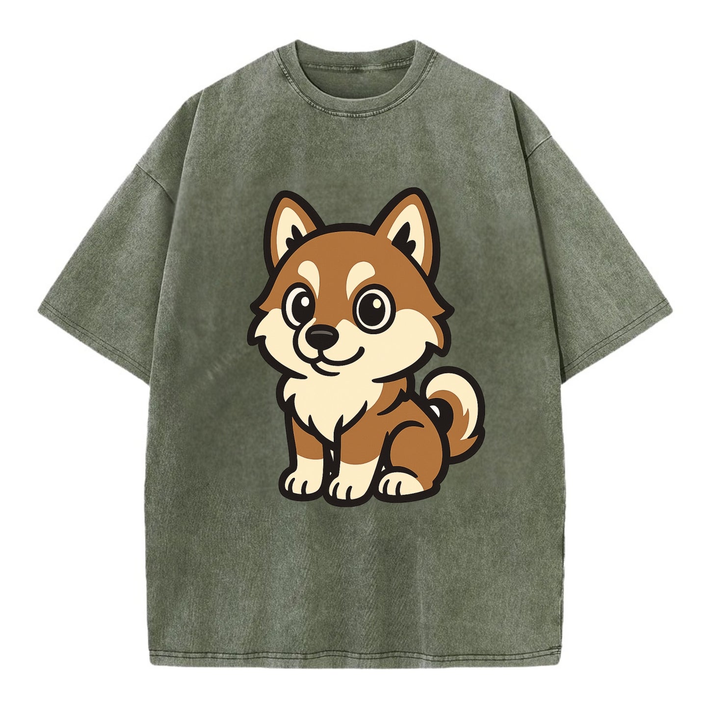 Pomsky - Pomeranian-Husky mix sitting pose - Vintage T-shirt - Army Green