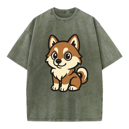 Pomsky - Pomeranian-Husky mix sitting pose - Vintage T-shirt - Army Green