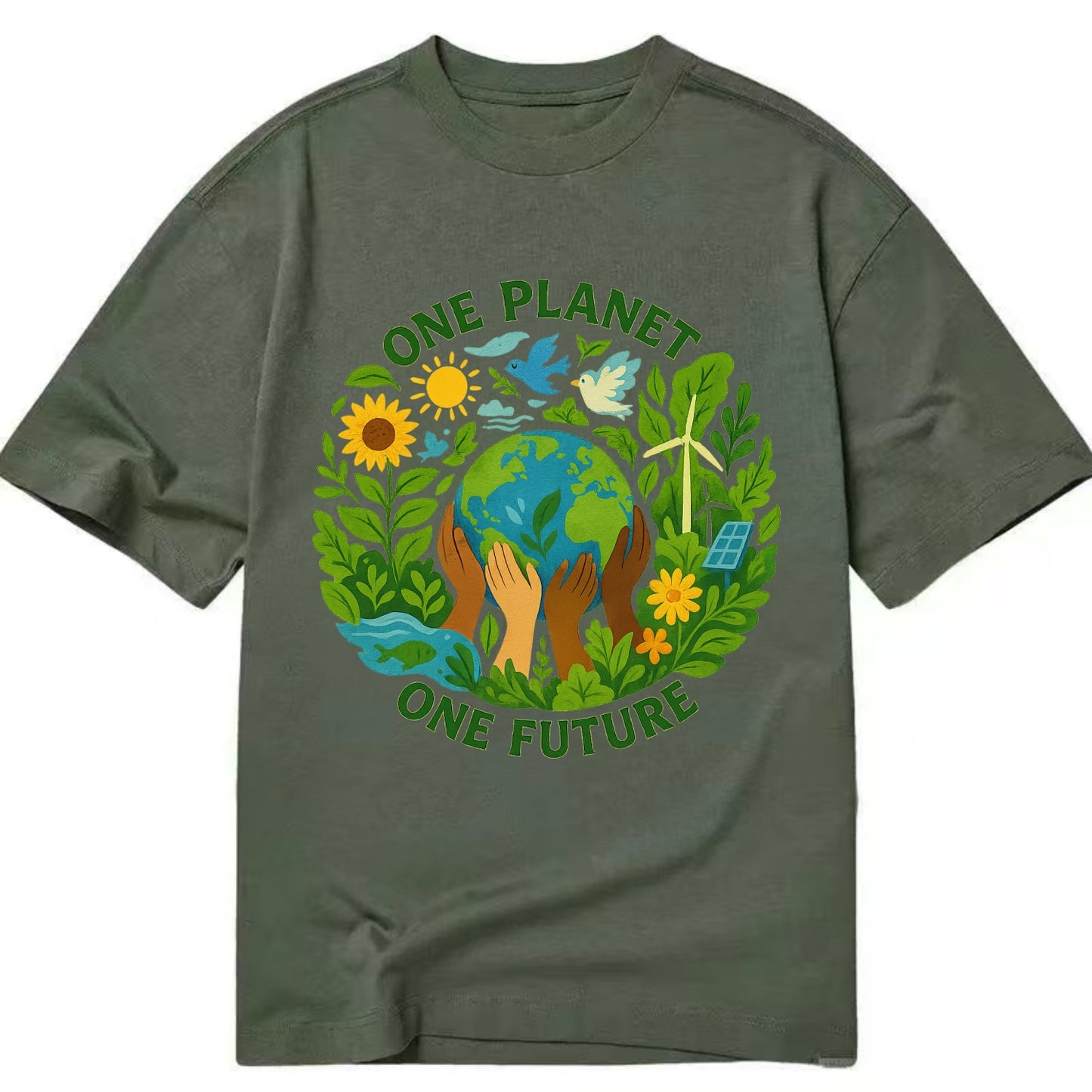 Globe surrounded by hands of all colors working together - "One Planet, One - Classic T-shirt - Army Green