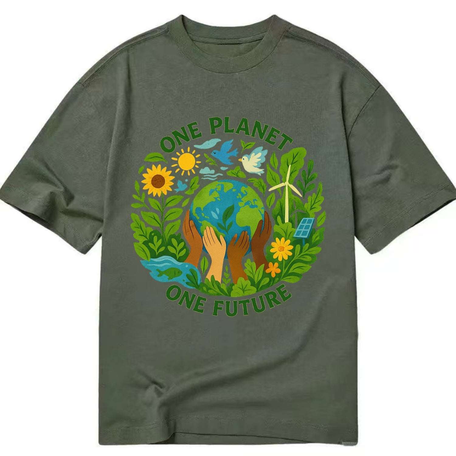 Globe surrounded by hands of all colors working together - "One Planet, One - Classic T-shirt - Army Green