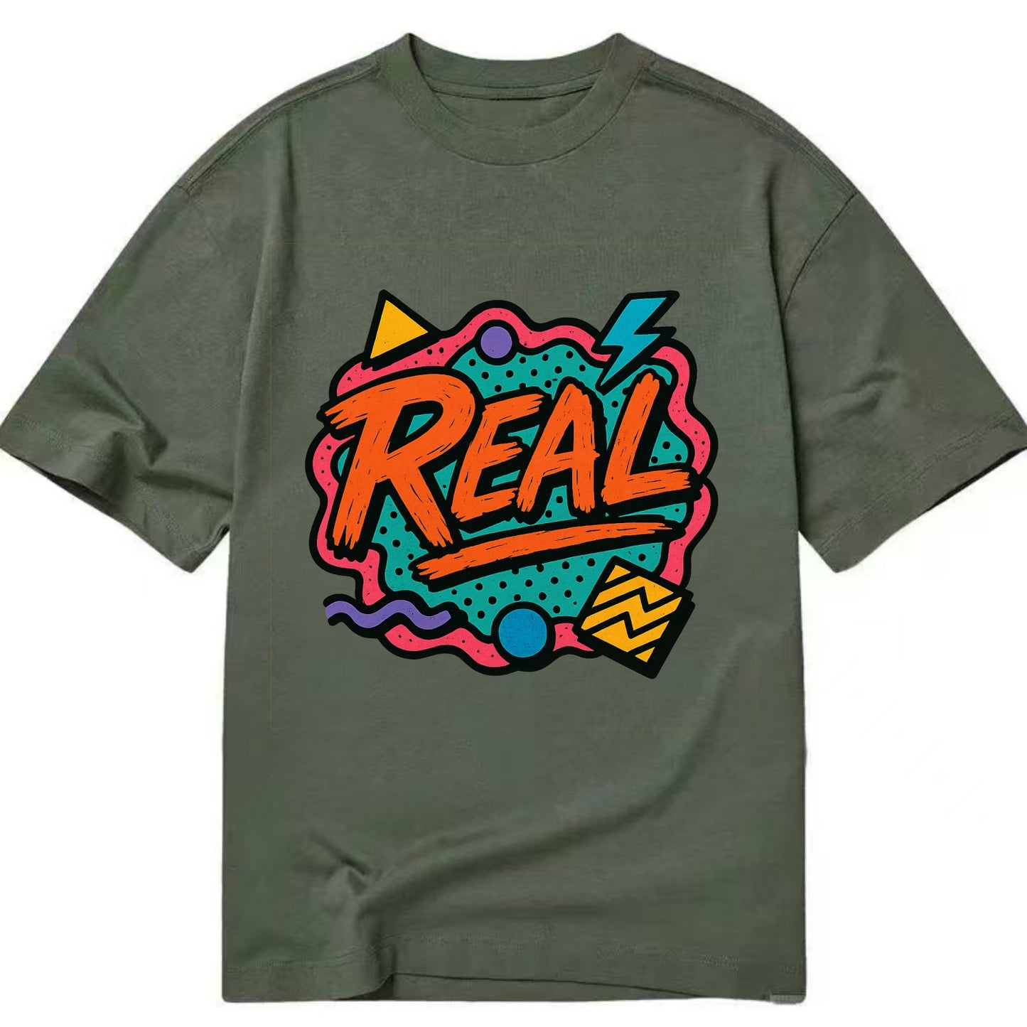 Imperfect brush strokes spelling "Real" - authenticity over perfection, raw and - Classic T-shirt - Army Green