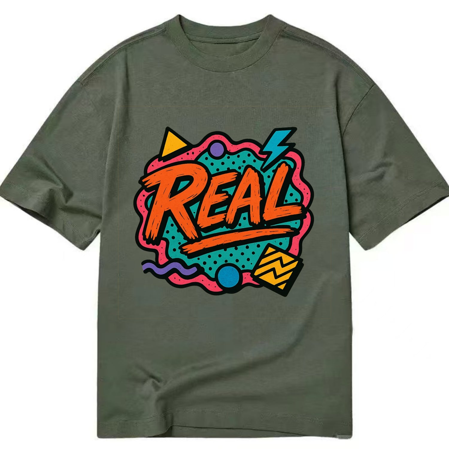 Imperfect brush strokes spelling "Real" - authenticity over perfection, raw and - Classic T-shirt - Army Green