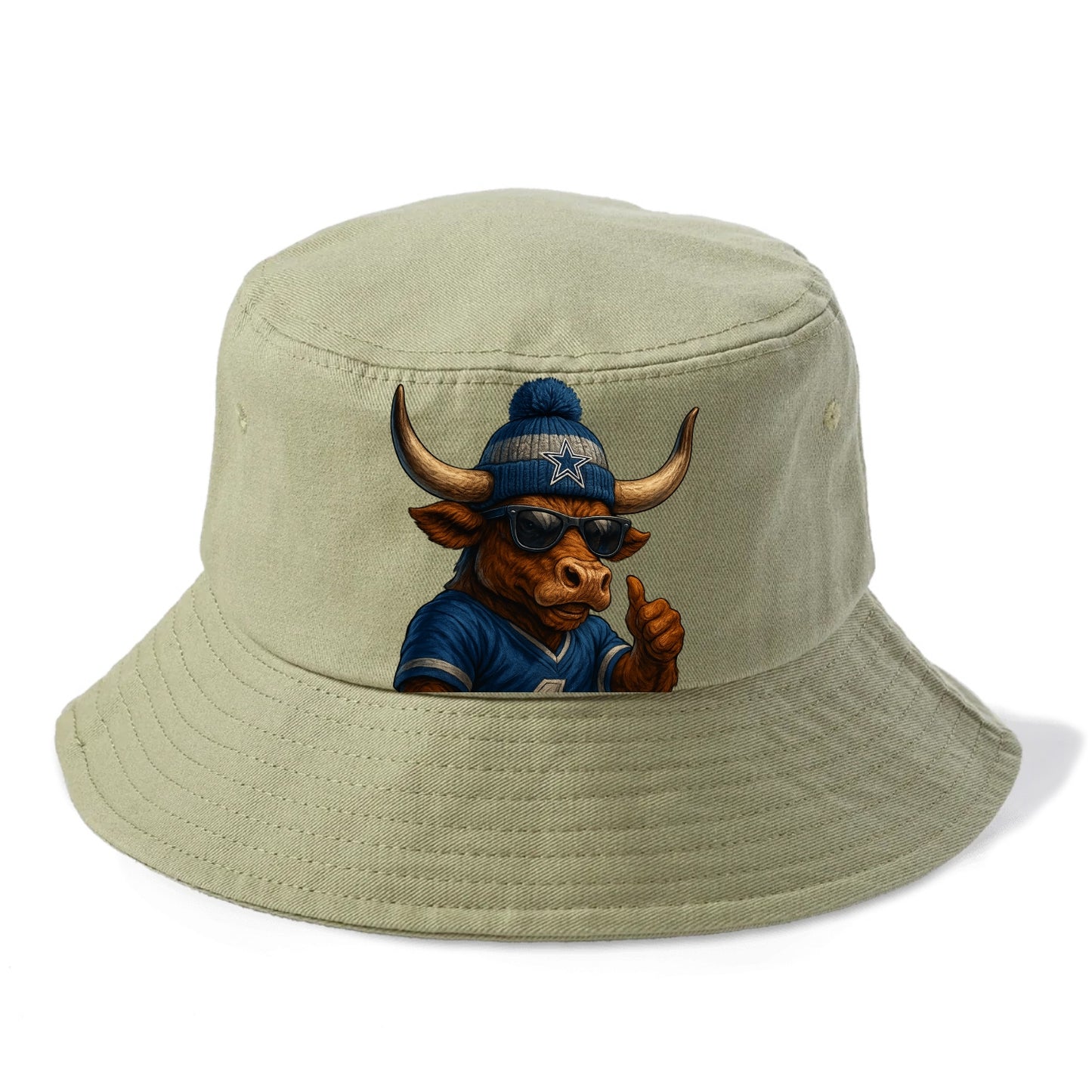 Texas Longhorn wearing Cowboys silver and blue beanie with star and wayfarer sunglasses - Bucket Hat - Army Green