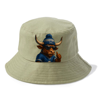 Texas Longhorn wearing Cowboys silver and blue beanie with star and wayfarer sunglasses - Bucket Hat - Army Green