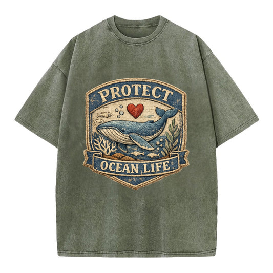 PROTECT OCEAN LIFE - whale with heart in blue , marine conservation - Vintage T-shirt - Army Green