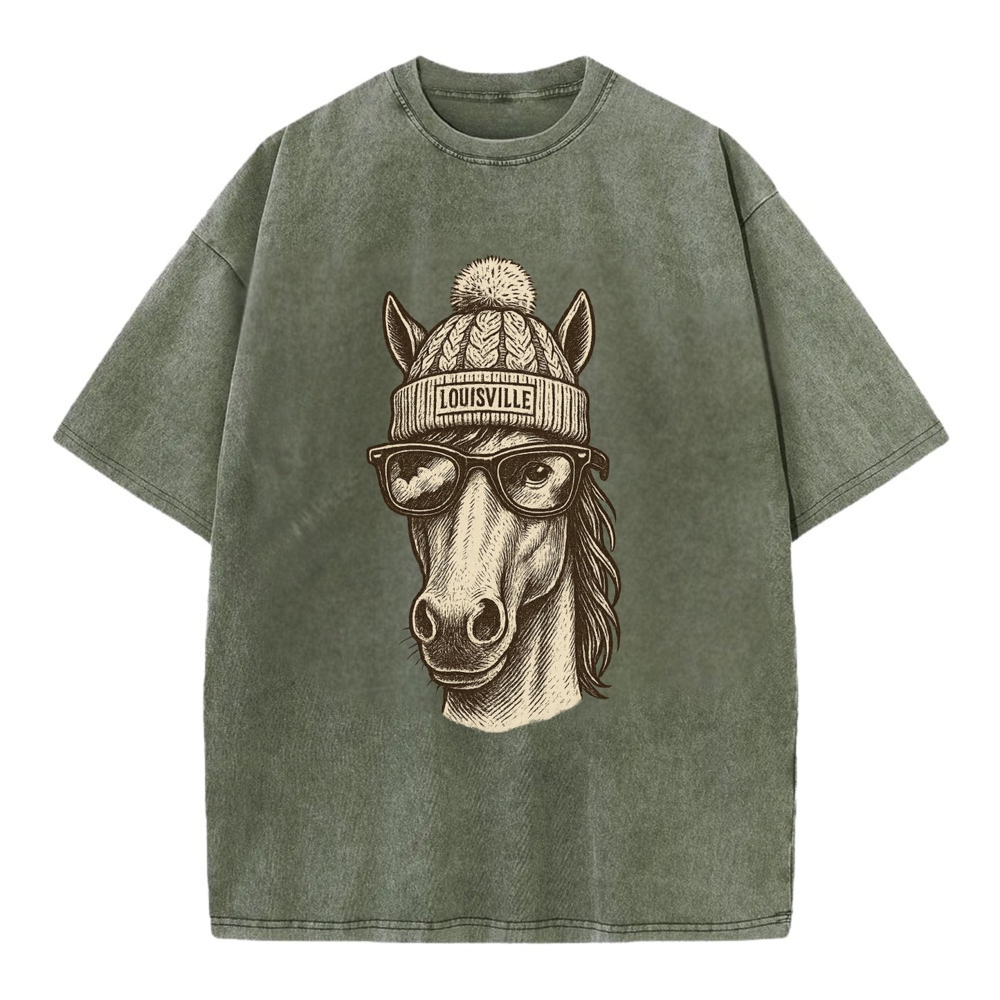 Kentucky Thoroughbred Horse wearing Louisville beanie with pom pom and wayfarer - Vintage T-shirt - Army Green