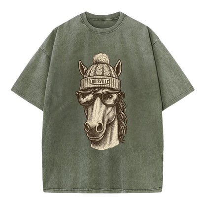 Kentucky Thoroughbred Horse wearing Louisville beanie with pom pom and wayfarer - Vintage T-shirt - Army Green