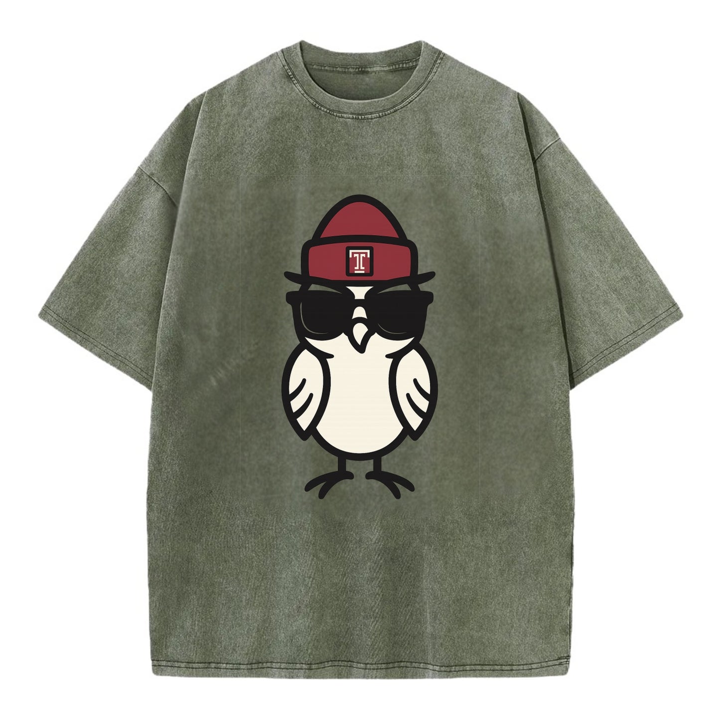Philadelphia Owl wearing Temple beanie with T patch - Vintage T-shirt - Army Green