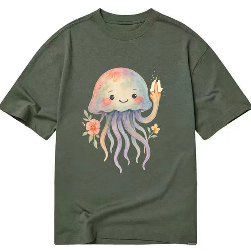 jellyfish with kawaii face and tentacles, one tentacle pointing up defiantly - Classic T-shirt