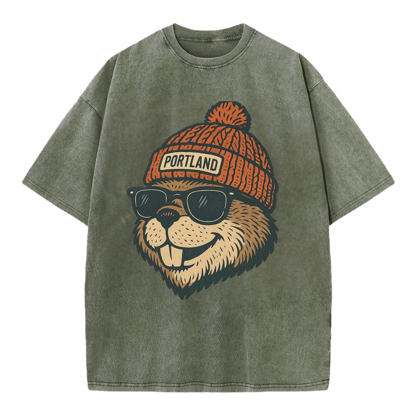 Oregon Beaver wearing Portland beanie with pom pom and wayfarer sunglasses - Vintage T-shirt - Army Green