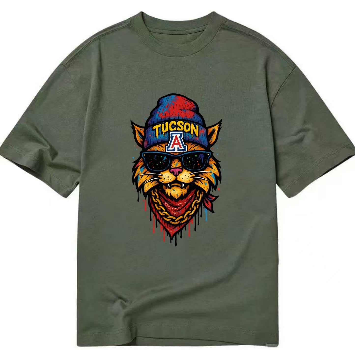 Tucson Wildcat wearing Arizona beanie with A patch - Classic T-shirt - Army Green