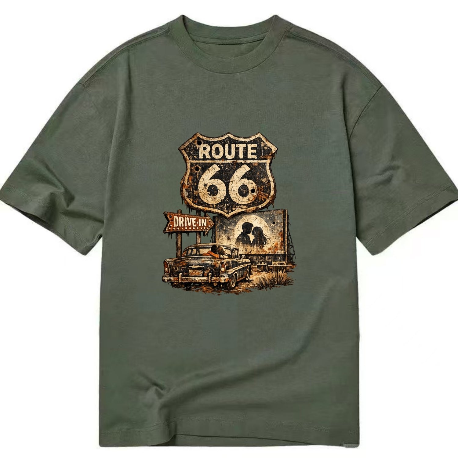 DRIVE-IN | Classic car at drive-in theater | Movie night romance | Americana - Classic T-shirt - Army Green