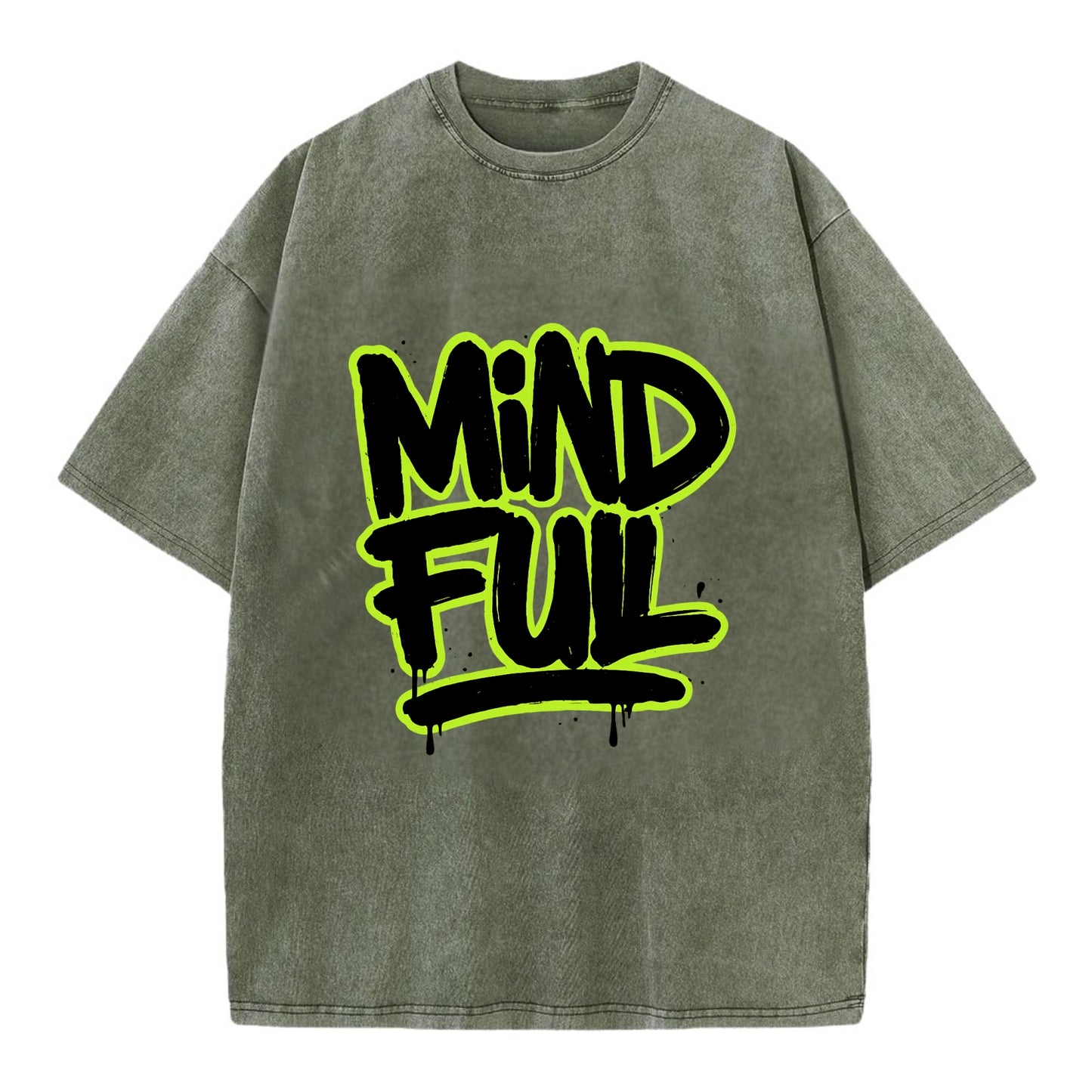 Bold typography design - "MINDFUL" - present awareness, conscious living - Vintage T-shirt - Army Green