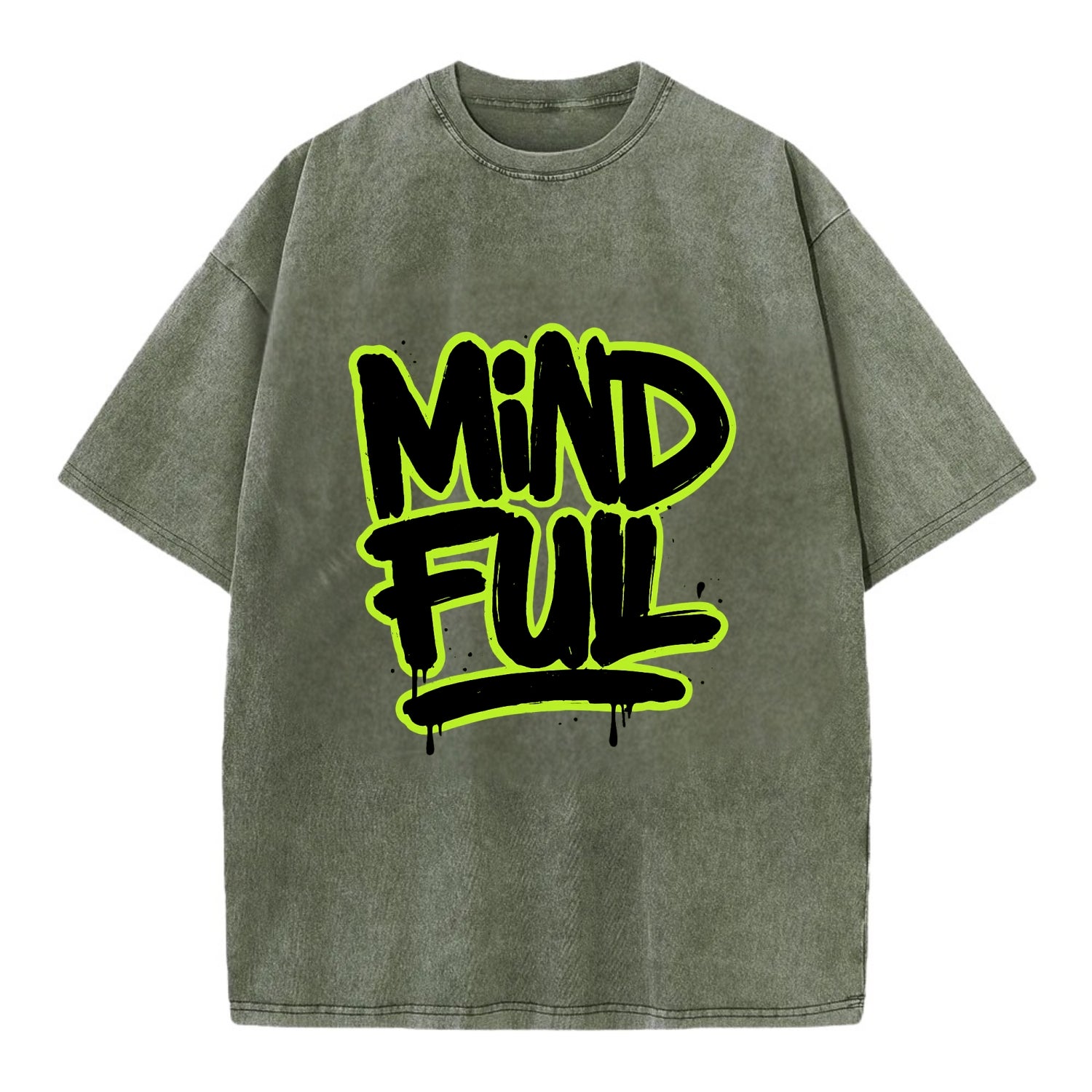 Bold typography design - "MINDFUL" - present awareness, conscious living - Vintage T-shirt - Army Green