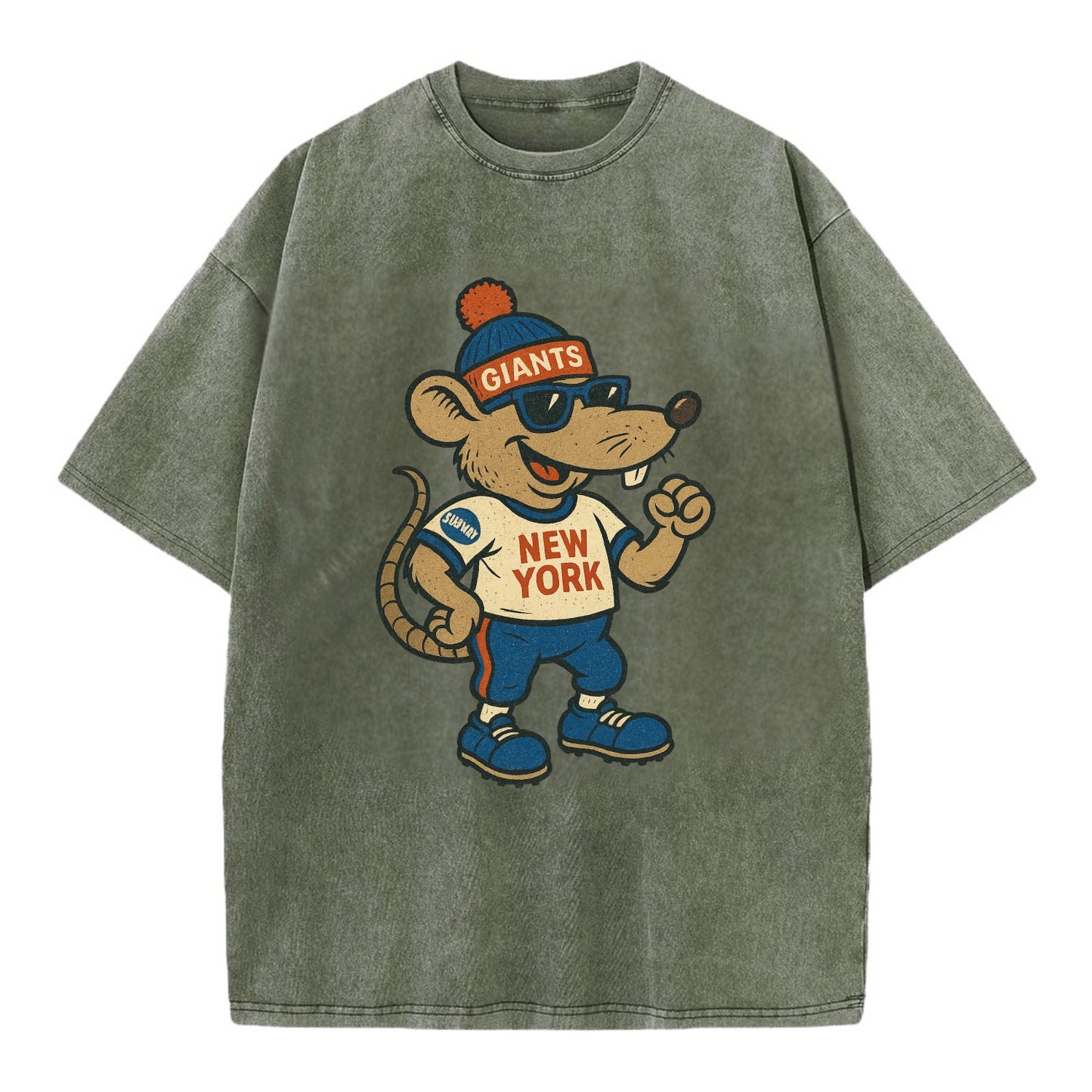New York Rat wearing Giants beanie with subway patch and wayfarer sunglasses - Vintage T-shirt - Army Green
