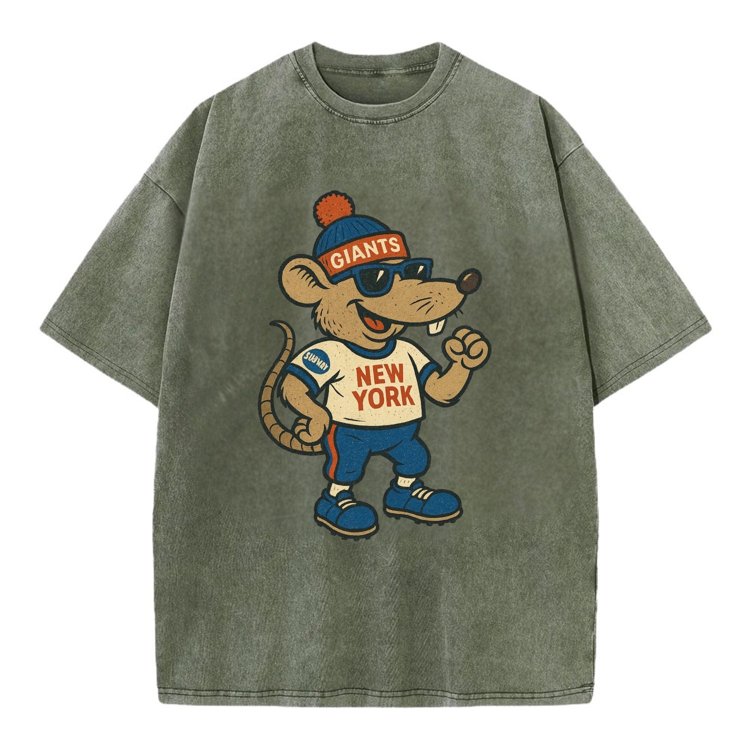 New York Rat wearing Giants beanie with subway patch and wayfarer sunglasses - Vintage T-shirt - Army Green