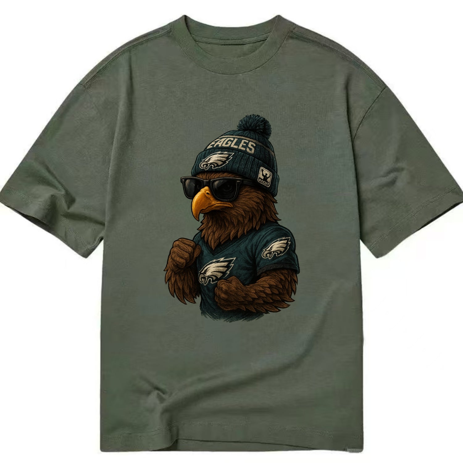 Philly Hawk wearing Eagles beanie with Rocky patch and wayfarer sunglasses - Classic T-shirt - Army Green