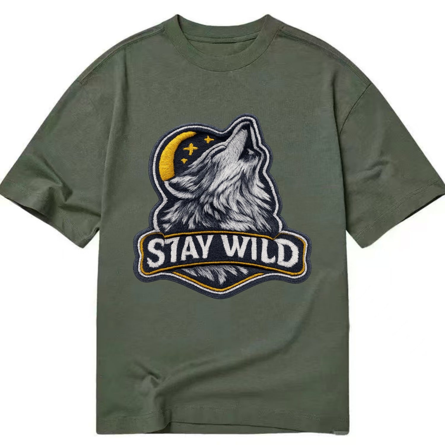 STAY WILD - wolf with text in gray , free spirit - Classic T-shirt - Army Green