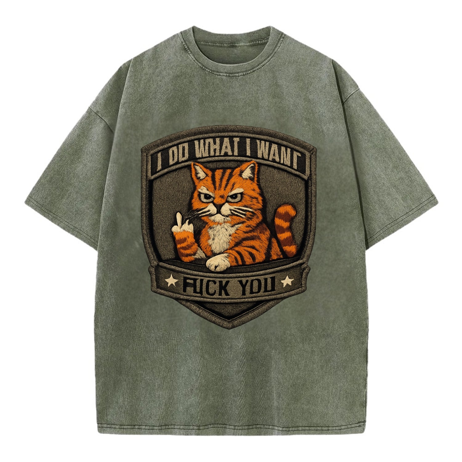 I DO WHAT I WANT CAT - sassy cat in orange , feline attitude - Vintage T-shirt - Army Green
