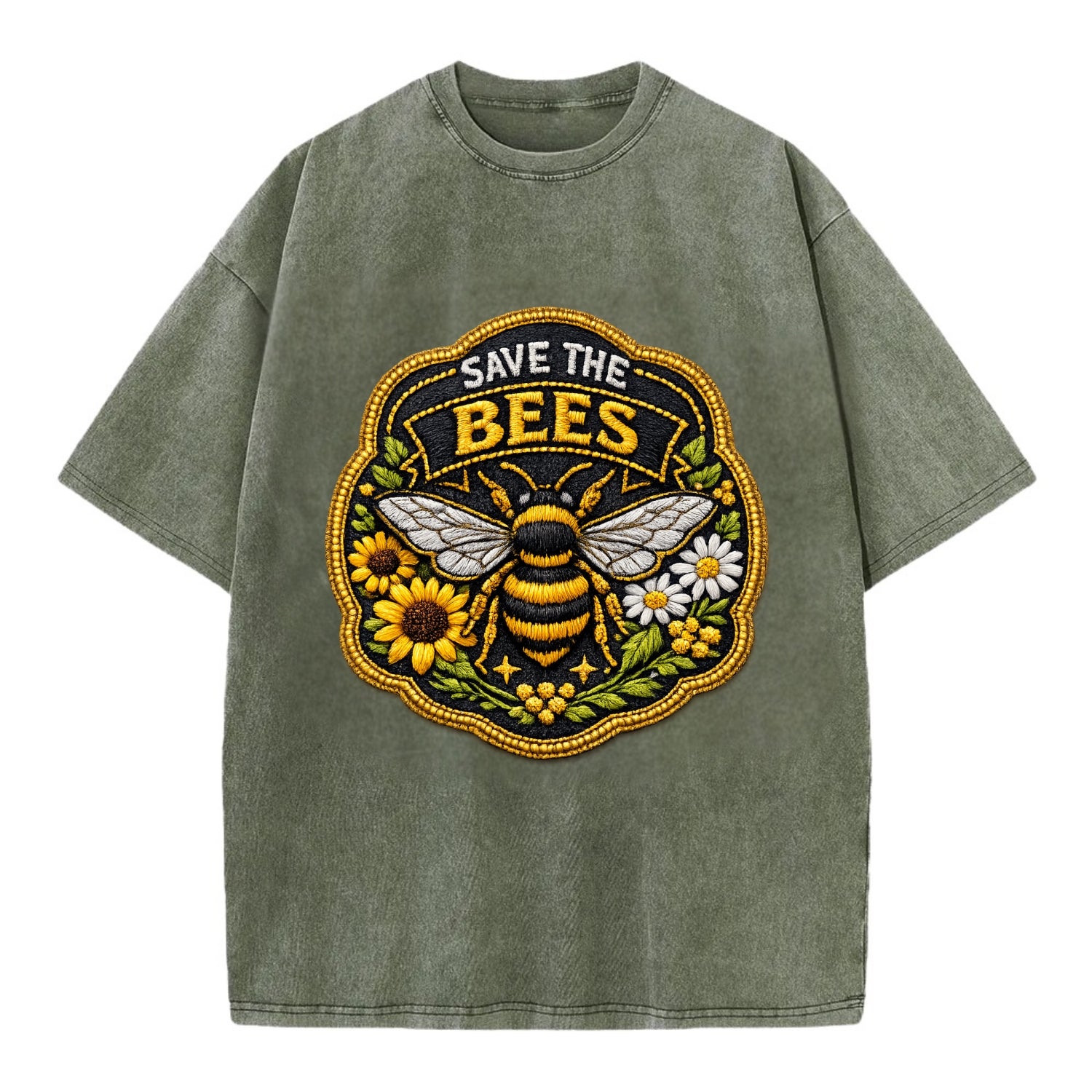 SAVE THE BEES - bee with flowers in yellow , pollinator protection - Vintage T-shirt - Army Green