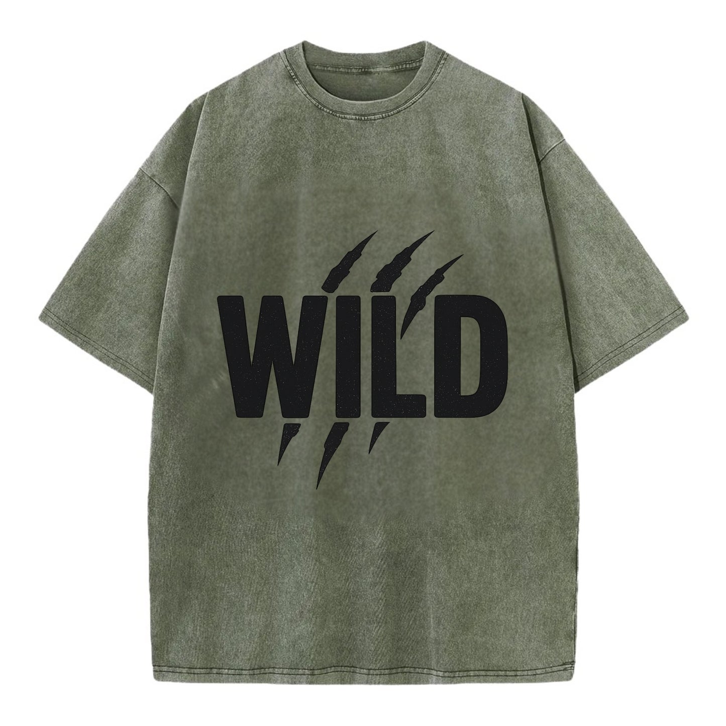 Bold typography design - "WILD" - untamed, natural, free - Vintage T-shirt - Army Green