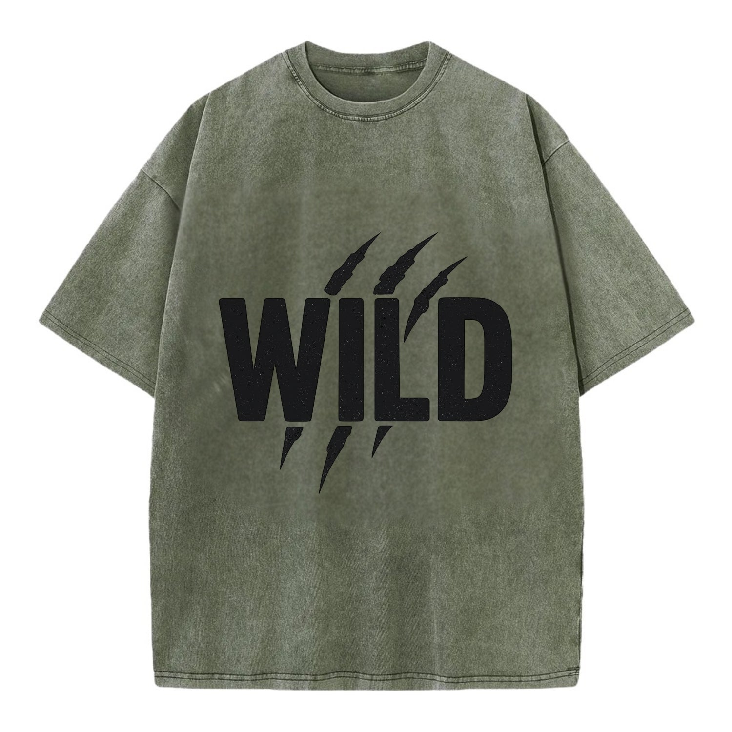 Bold typography design - "WILD" - untamed, natural, free - Vintage T-shirt - Army Green