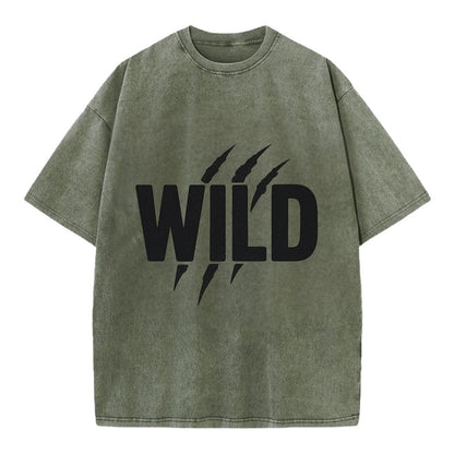 Bold typography design - "WILD" - untamed, natural, free - Vintage T-shirt - Army Green
