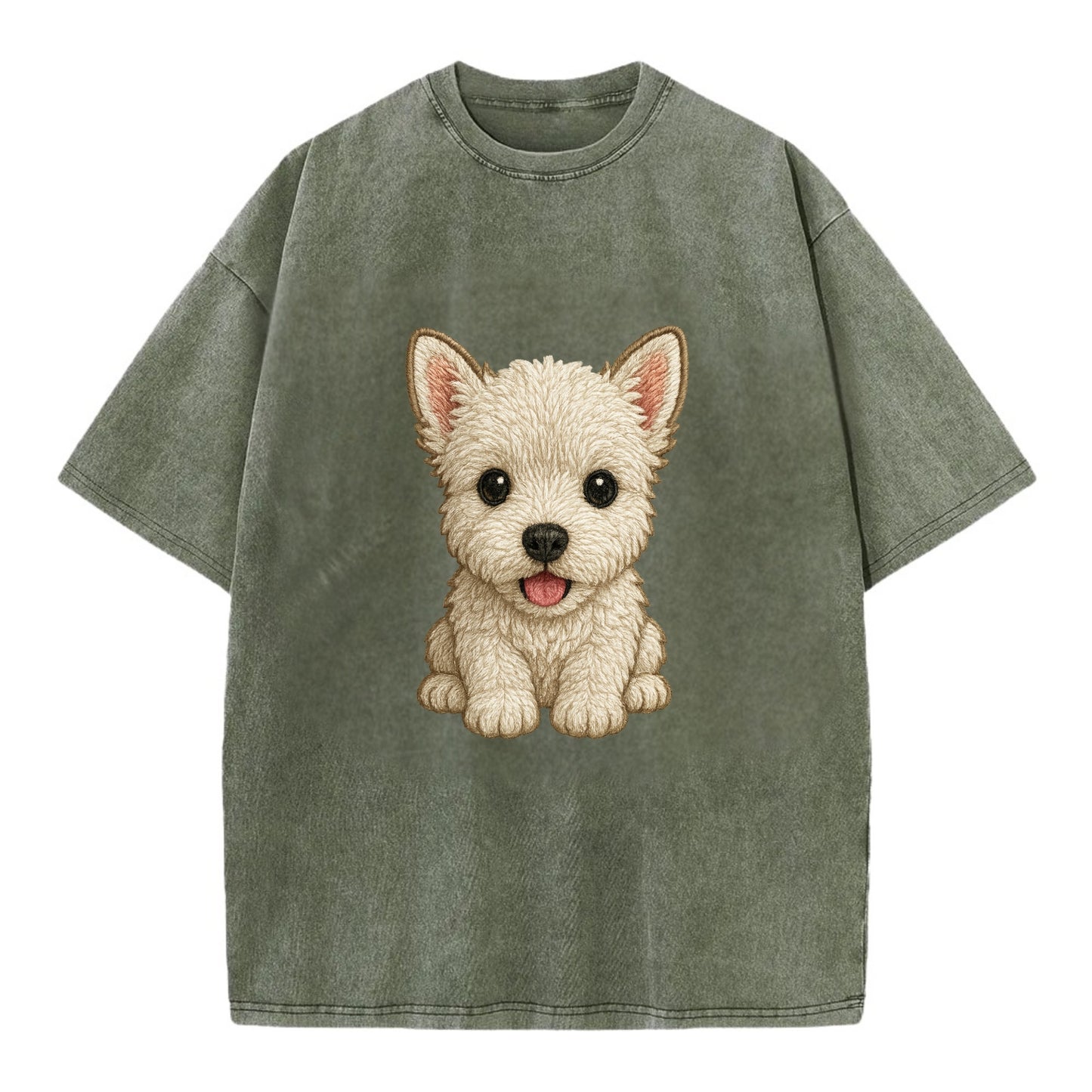 Baby West Highland White Terrier Puppy - all white, pointed ears, dark eyes, - Vintage T-shirt - Army Green