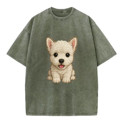 Baby West Highland White Terrier Puppy - all white, pointed ears, dark eyes, - Vintage T-shirt - Army Green