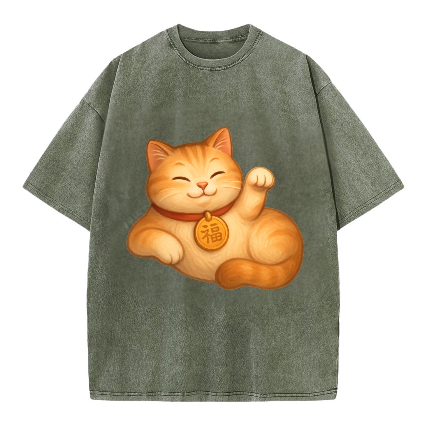 Maneki Neko Pose - Vintage T-shirt - Army Green