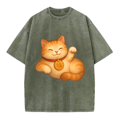 Maneki Neko Pose - Vintage T-shirt - Army Green