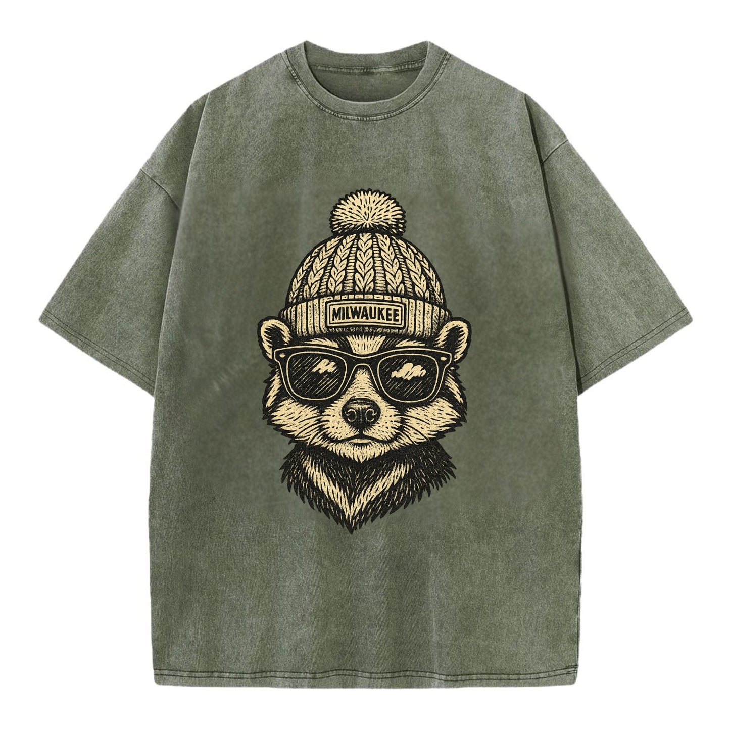 Wisconsin Badger wearing Milwaukee beanie with pom pom and wayfarer sunglasses - Vintage T-shirt - Army Green