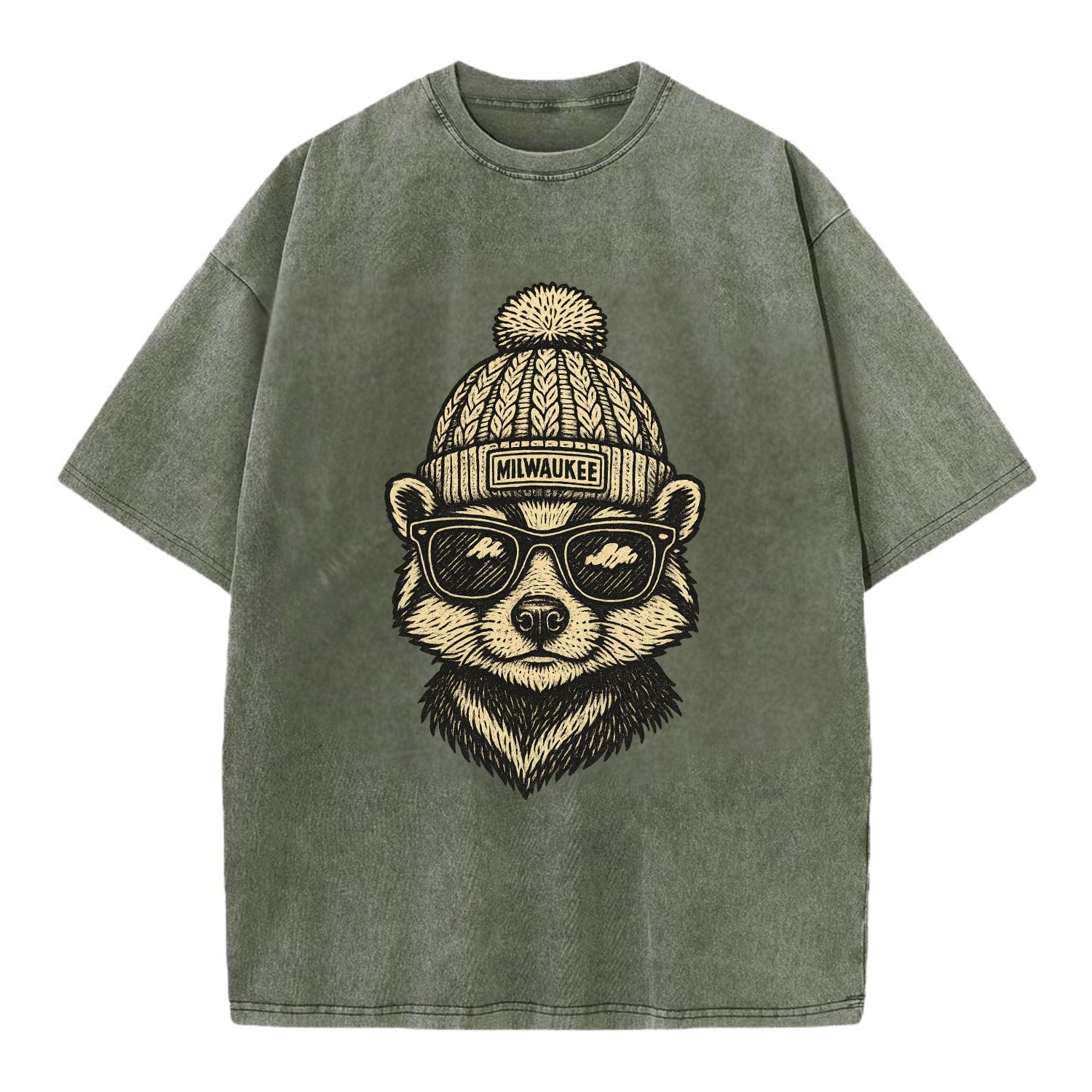 Wisconsin Badger wearing Milwaukee beanie with pom pom and wayfarer sunglasses - Vintage T-shirt - Army Green