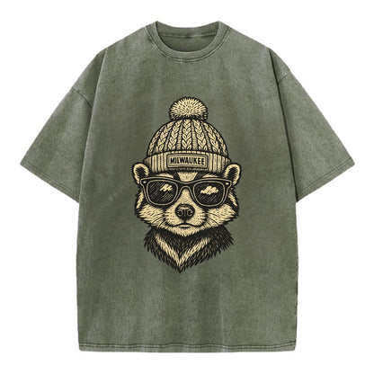 Wisconsin Badger wearing Milwaukee beanie with pom pom and wayfarer sunglasses - Vintage T-shirt - Army Green