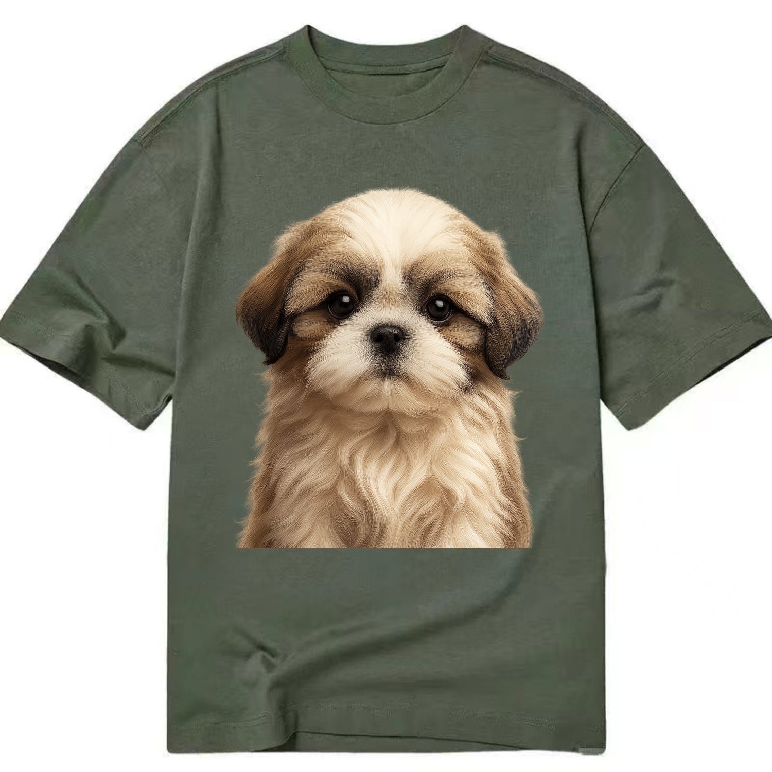 Baby Shih Tzu Puppy - long flowing coat, flat face, big dark eyes, front-facing, - Classic T-shirt - Army Green