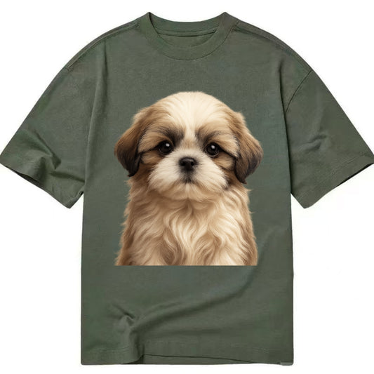 Baby Shih Tzu Puppy - long flowing coat, flat face, big dark eyes, front-facing, - Classic T-shirt - Army Green