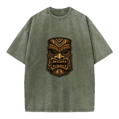 TIKI MASK - carved totem in brown and red , Polynesian - Vintage T-shirt - Army Green
