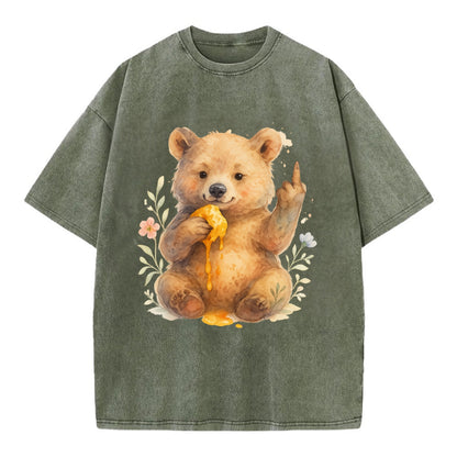 chubby bear cub eating dripping honey, sticky paw up with middle finger - Vintage T-shirt - Army Green
