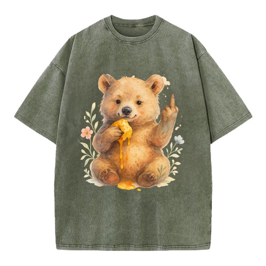chubby bear cub eating dripping honey, sticky paw up with middle finger - Vintage T-shirt - Army Green