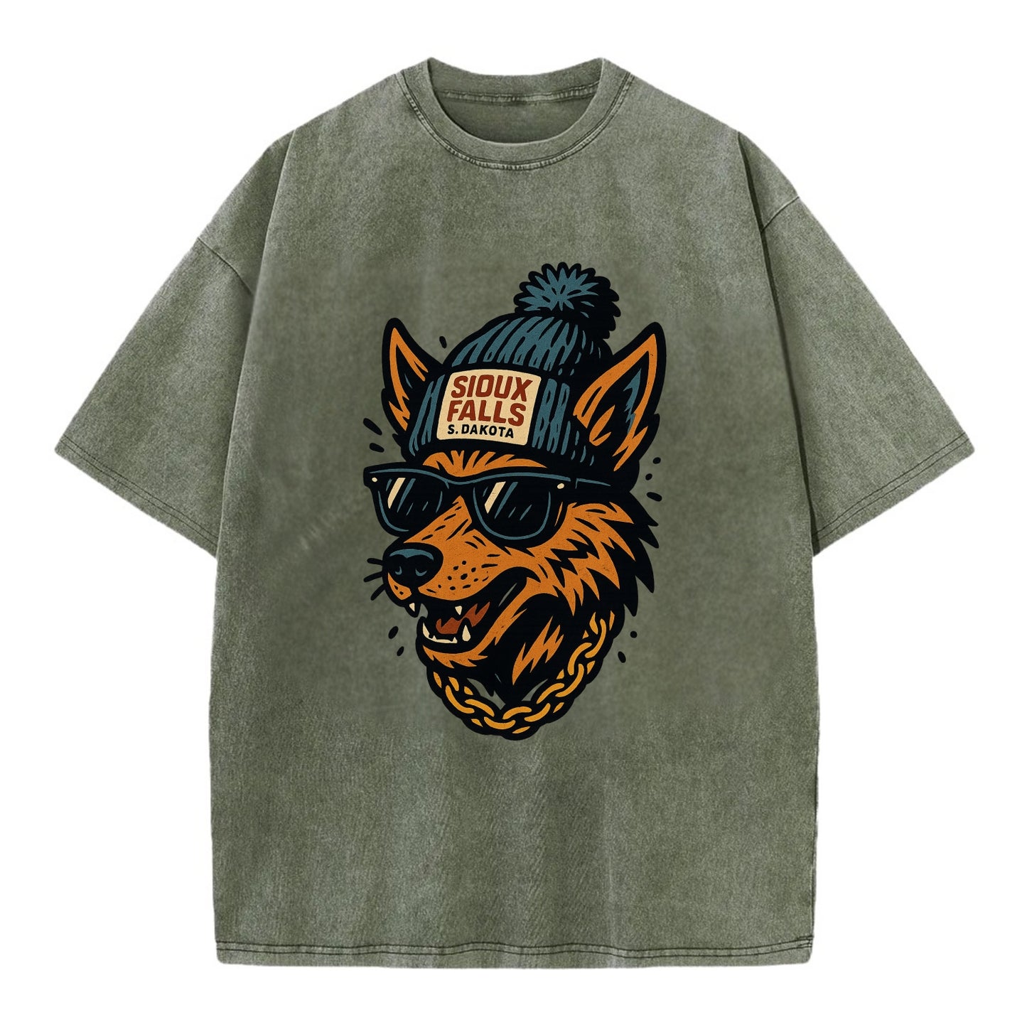 South Dakota Coyote wearing Sioux Falls beanie with pom pom and wayfarer - Vintage T-shirt - Army Green