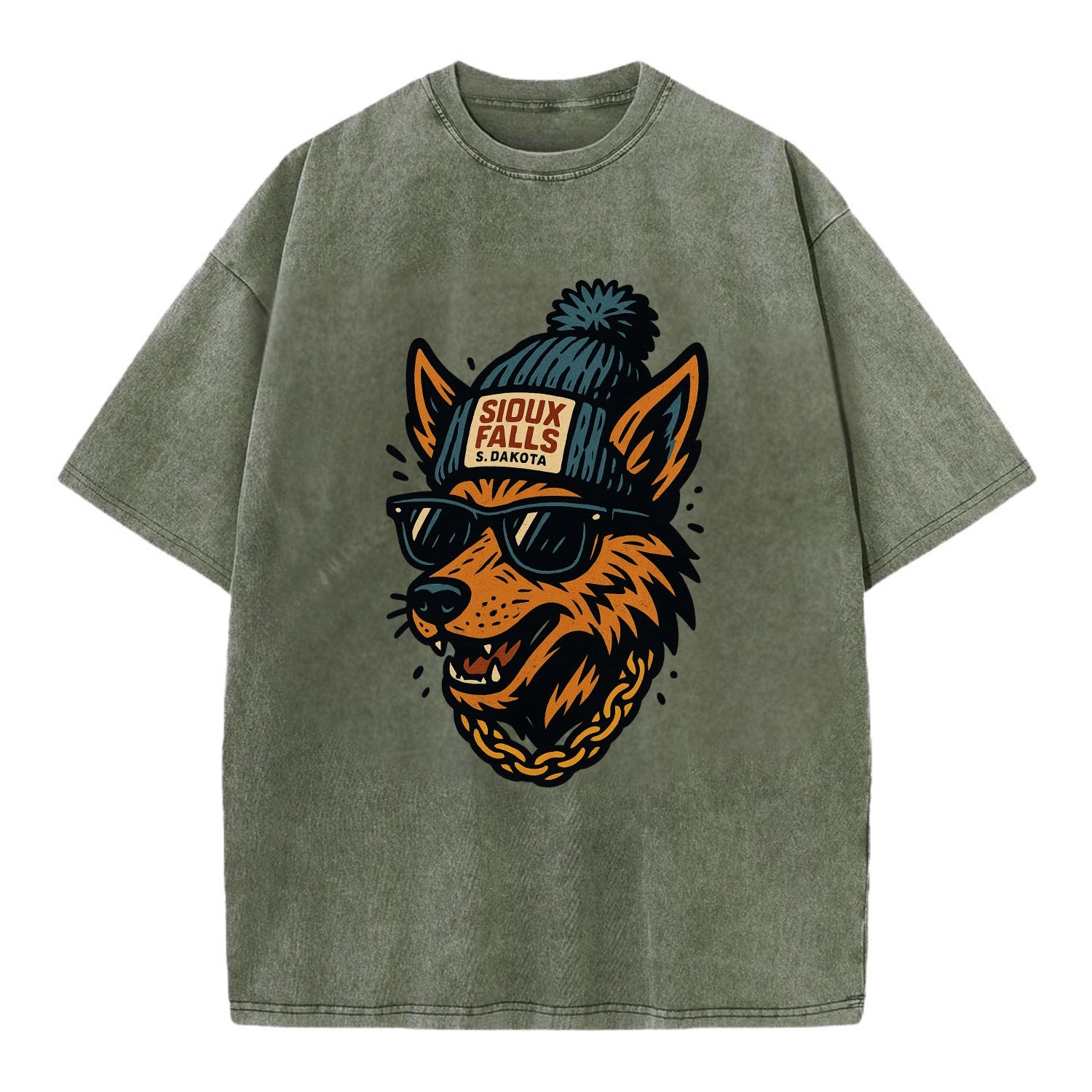 South Dakota Coyote wearing Sioux Falls beanie with pom pom and wayfarer - Vintage T-shirt - Army Green