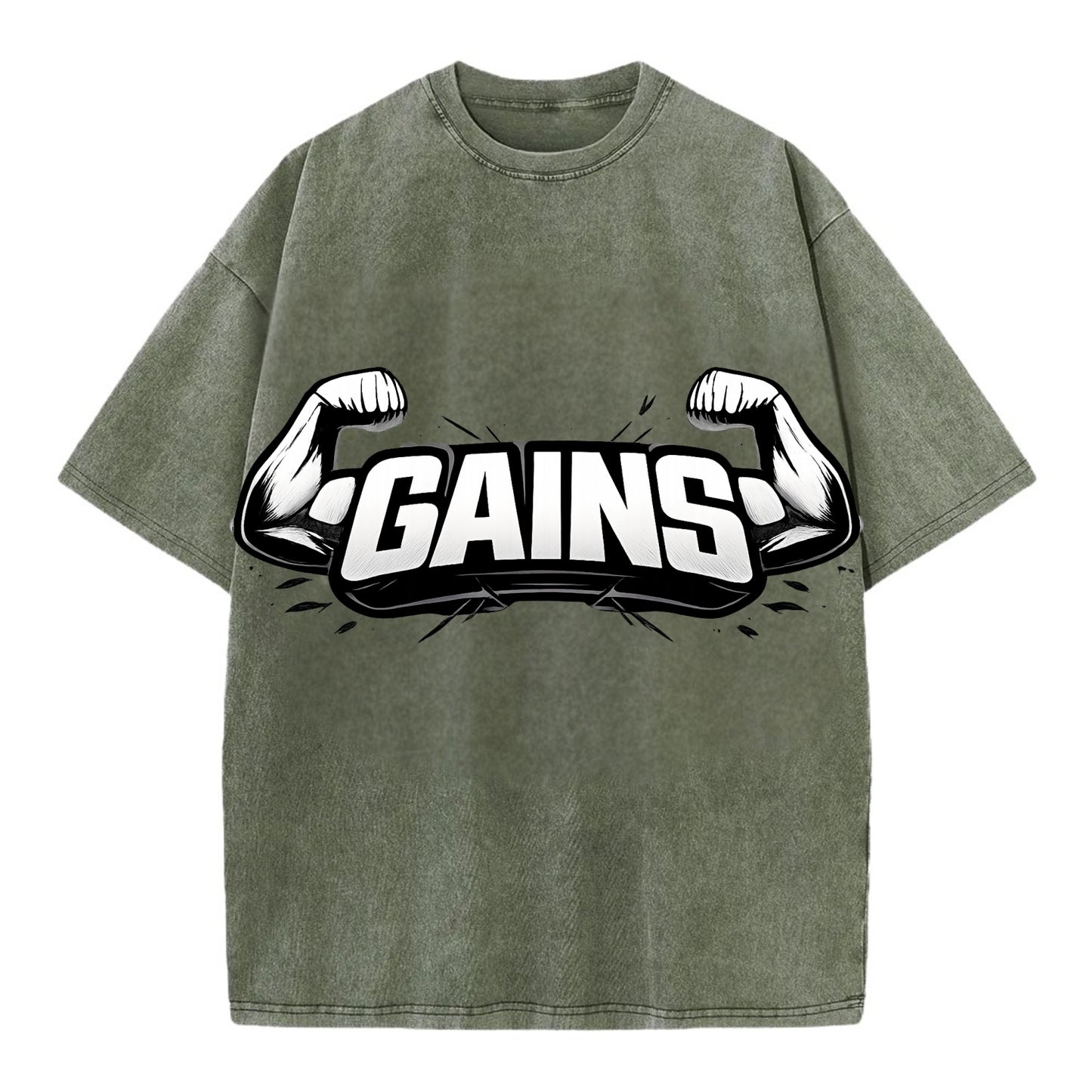 Bold typography design - "GAINS" - muscle growth, progress visible - Vintage T-shirt - Army Green