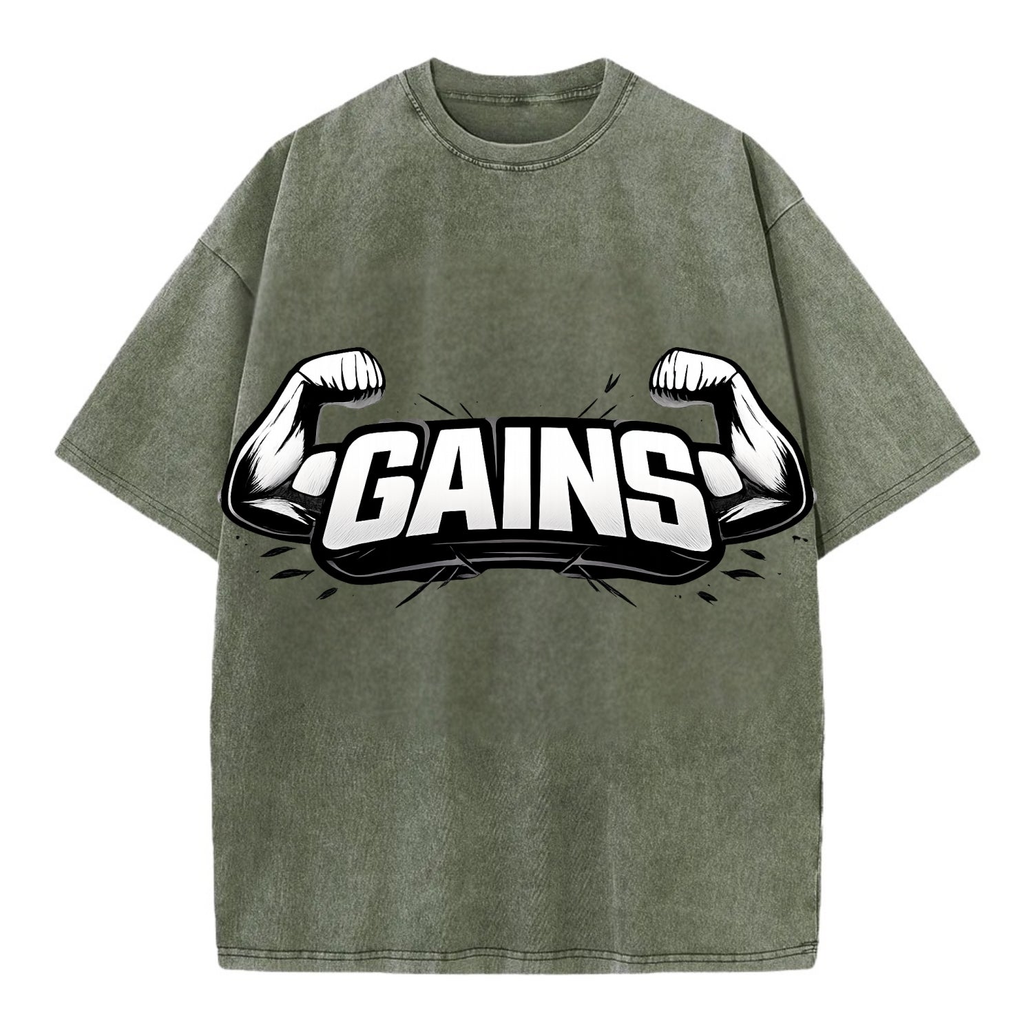 Bold typography design - "GAINS" - muscle growth, progress visible - Vintage T-shirt - Army Green