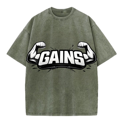 Bold typography design - "GAINS" - muscle growth, progress visible - Vintage T-shirt - Army Green