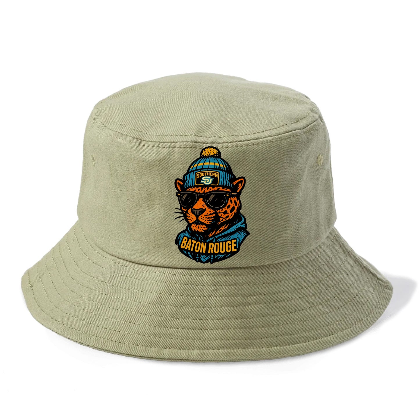 Baton Rouge Jaguar wearing Southern beanie with SU patch - Bucket Hat - Army Green
