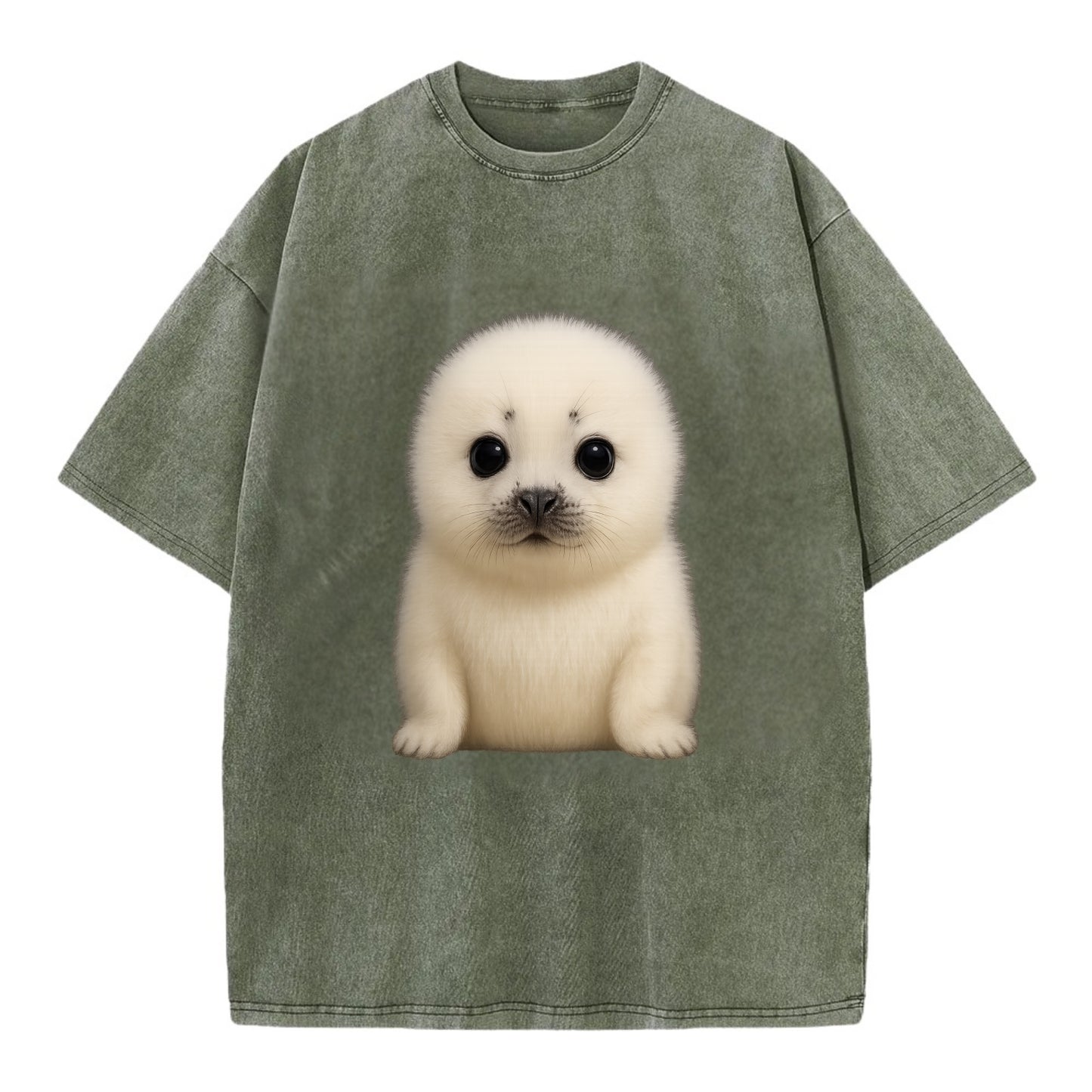 Baby Harp Seal - pure white fluffy fur, enormous dark eyes, front-facing, iconic - Vintage T-shirt - Army Green