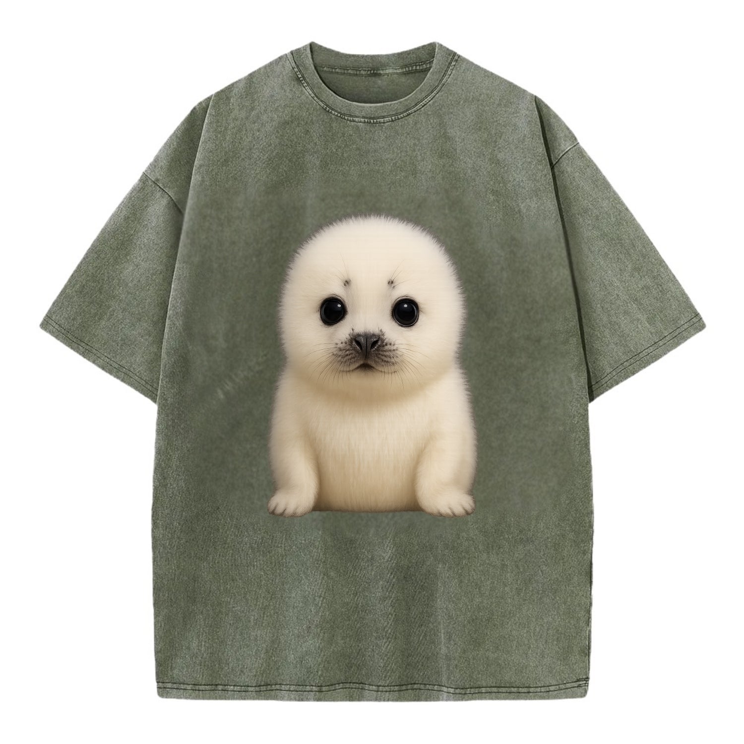 Baby Harp Seal - pure white fluffy fur, enormous dark eyes, front-facing, iconic - Vintage T-shirt - Army Green