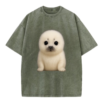 Baby Harp Seal - pure white fluffy fur, enormous dark eyes, front-facing, iconic - Vintage T-shirt - Army Green
