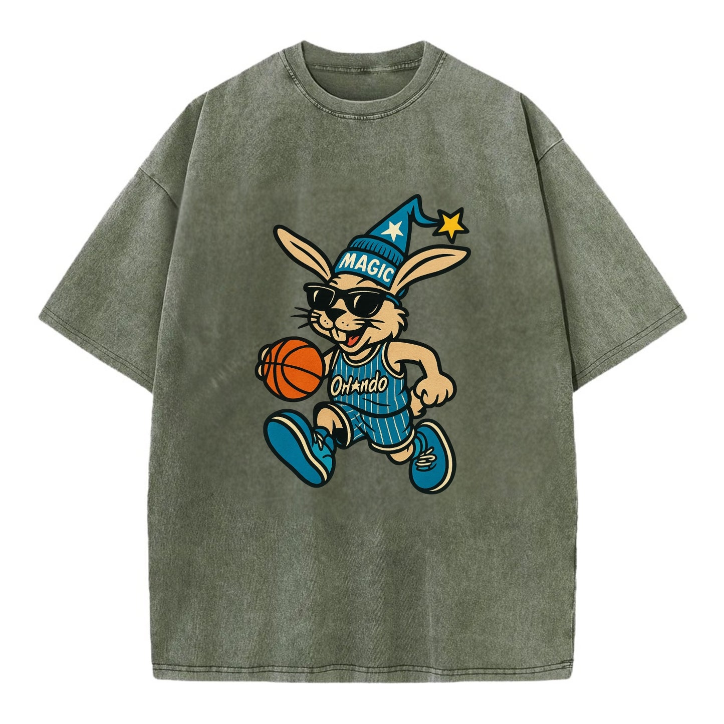 Orlando Rabbit wearing Magic blue and silver beanie with wizard hat and wayfarer - Vintage T-shirt - Army Green